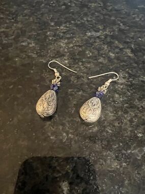 Silver Filigree Teardrop Earrings with Blue Accent